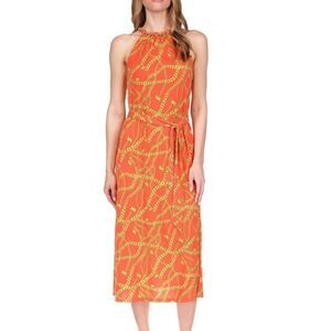 MK Dress Chain Neck NEW With TAGS Chain Print Slit Side Slinky Long Gold Size XS